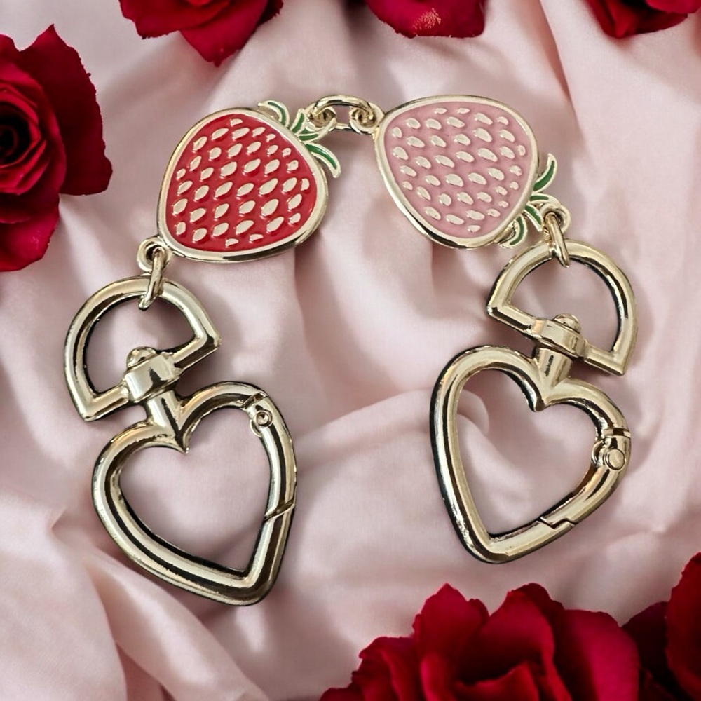 Strawberry & Hearts Bag Charm & Keychain with Red & Pink Charms Gold Chain - Picture 2 of 8